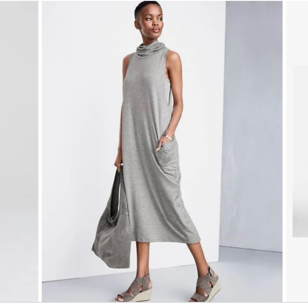 Eileen Fisher Tencel- Terry Stetch Funnel-neck Gray Sleeveless Midi Dress